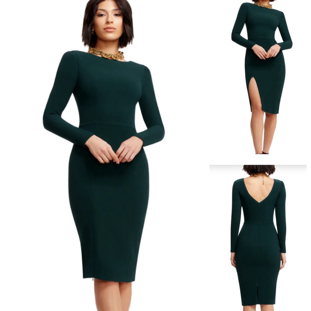 Dress The Population Nadia Pine Green Long Sleeve Slit Midi Dress Medium NWT